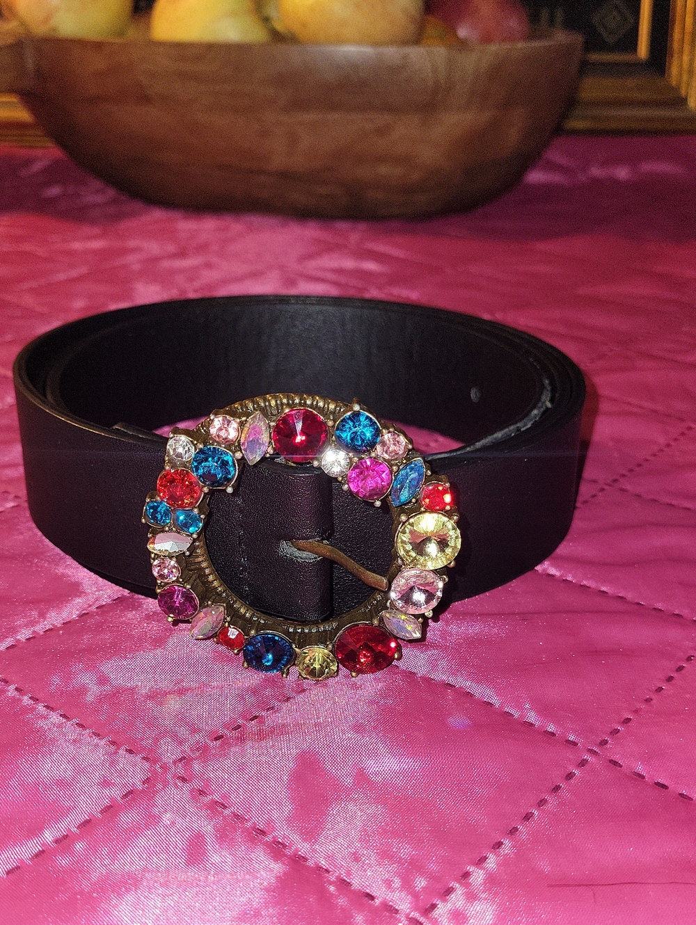 Eloquii Black Leather Women's Belt with Multicolor Jeweled Buckle 50"